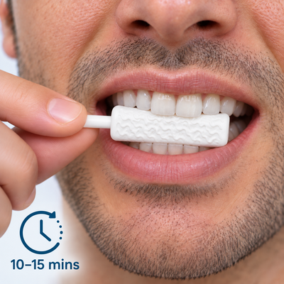 Bite down gently for 10 to 15 minutes to exercise the bite muscle, taking care not to catch your braces.