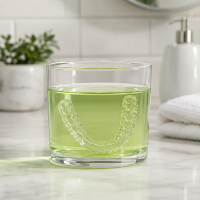 A retainer fully submerged in a prepared Blakmint cleaning solution