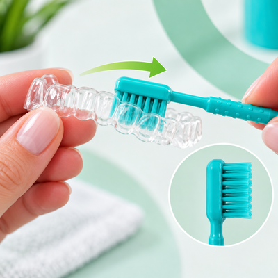 Use the large brush head in a forward/backward motion to clean the internal and external parts of the retainer.