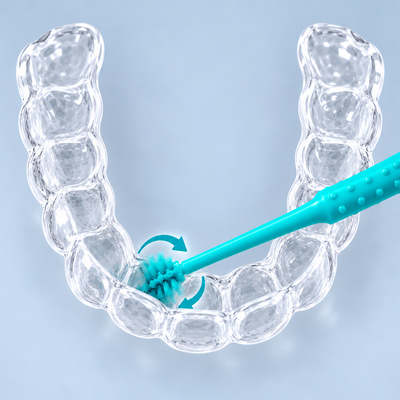 Use the round brush head to clean the intricate grooves on the aligner.