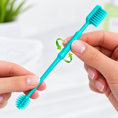 To operate the round brush head, place the thumb and index finger on the grip located on the main body and twist to rotate.
