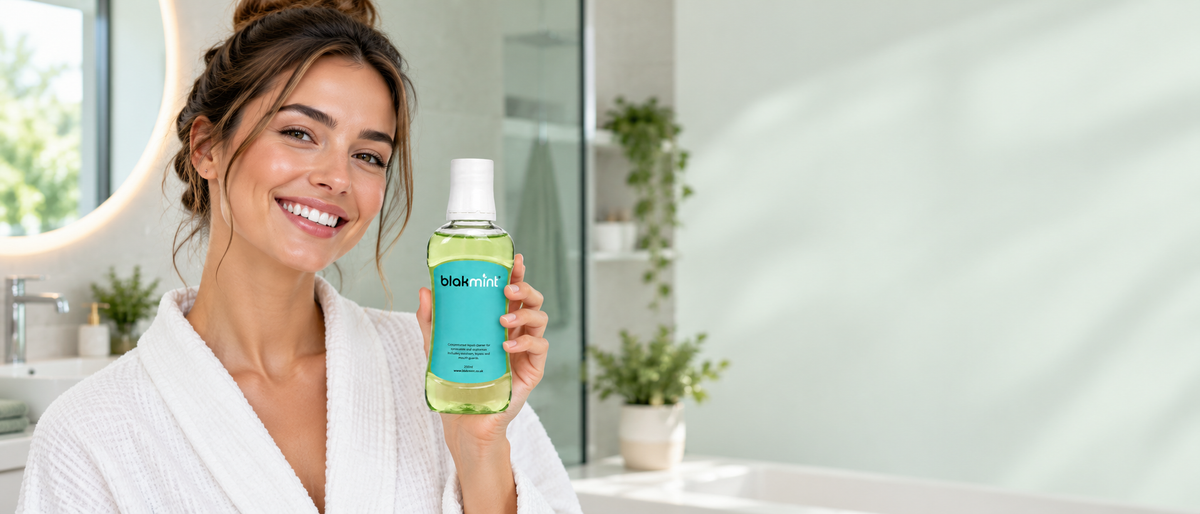Woman holding a bottle of Blakmint liquid retainer cleaner