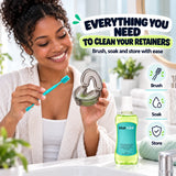 Woman brushing, soaking and storing her retainer with the Blakmint Everyday Kit